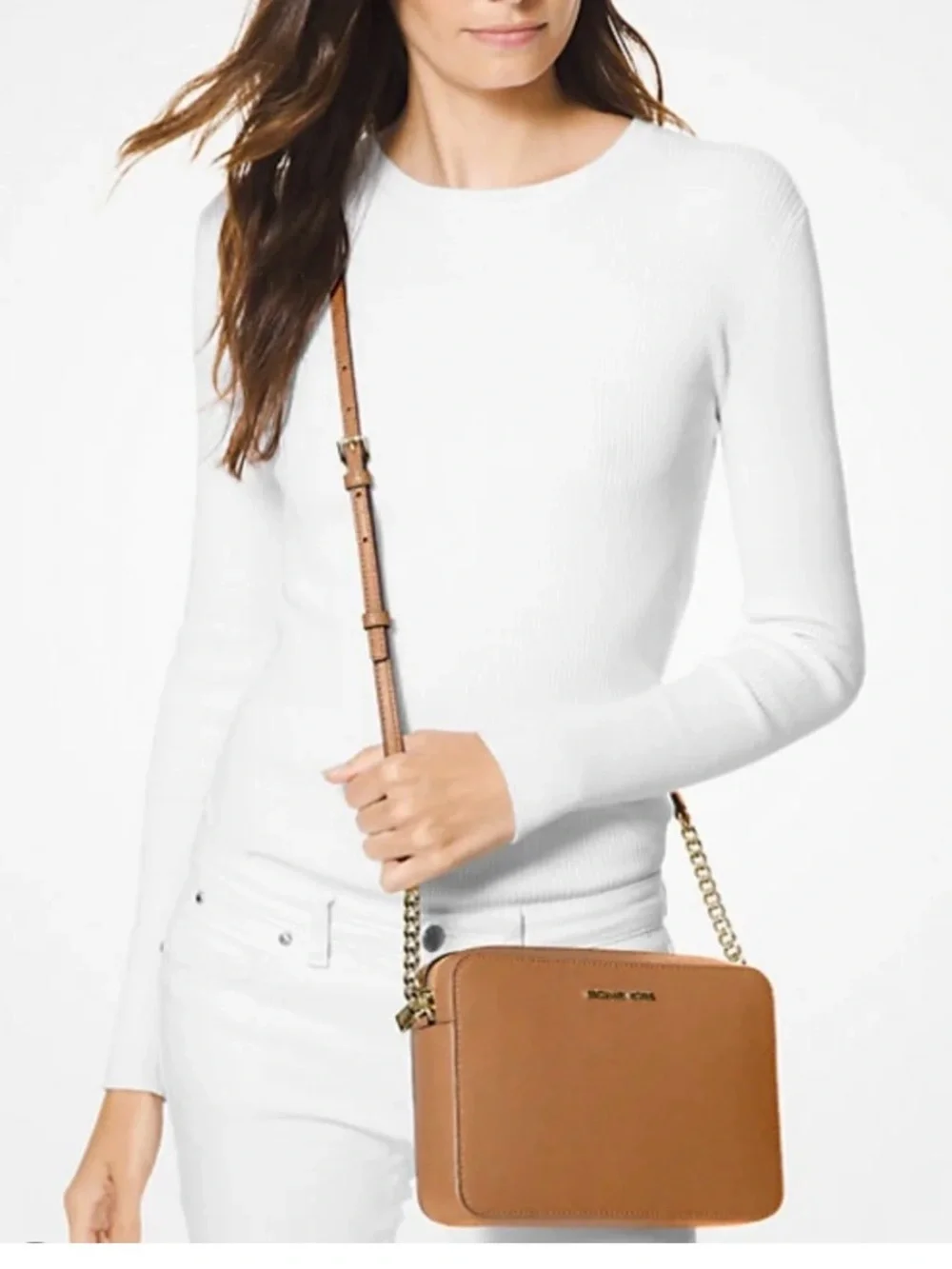 Michael Kors Brown Leather Crossbody with Gold Chain Accent